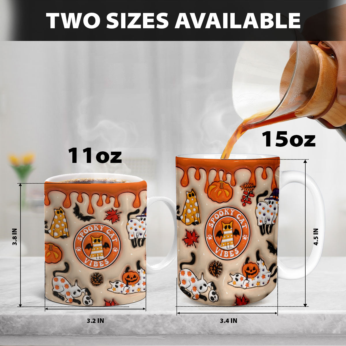 Petthouse | Spooky Cat Vibes Mug, Spooky Season 3d Inflated Effect Printed Mug, Cute Cat Ghost Mug