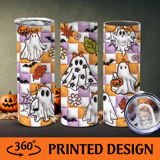 Petthouse | Ghost Spooky Vibes Inflated 3d Skinny Tumbler, Spooky Season Checkered Ghost Halloween