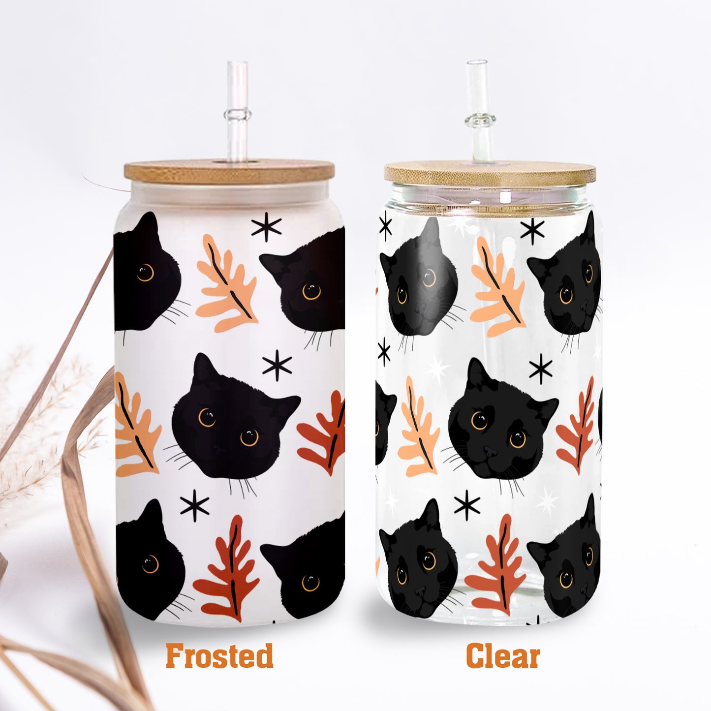 Petthouse | Black Cat Fall Glass Can, Black Cat Halloween Glass, Black Cat Coffee Glass, Viral Coffee