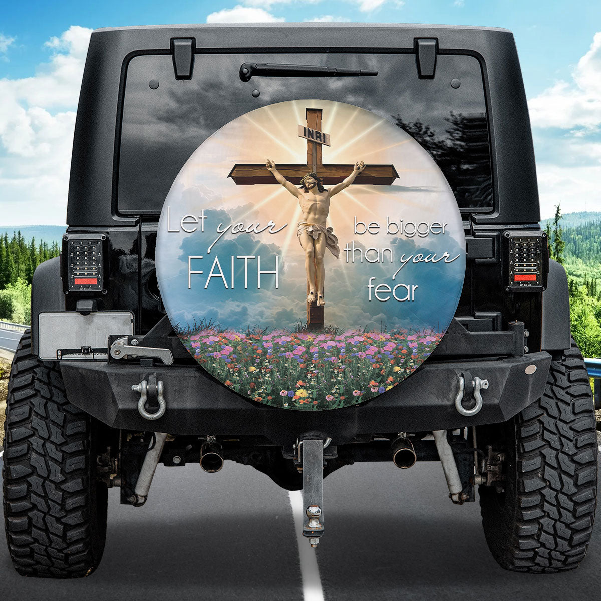 Petthouse | Jesus Spare Tire Cover Cross Tire Protector Flower Camper Tire Cover Jesus Believer Wheel Cover