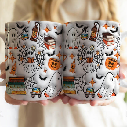 Petthouse | Ghost Reading Book Ceramic Mug, Halloween Coffee Mug, Bookish Ghost Mug, Spooky Vibes