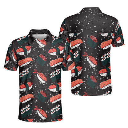 Petthouse | Customized Name Japanese Sushi Slices Seamless Pattern Polo Shirt Cartoon Sushi Sport Shirt Sushi Gift