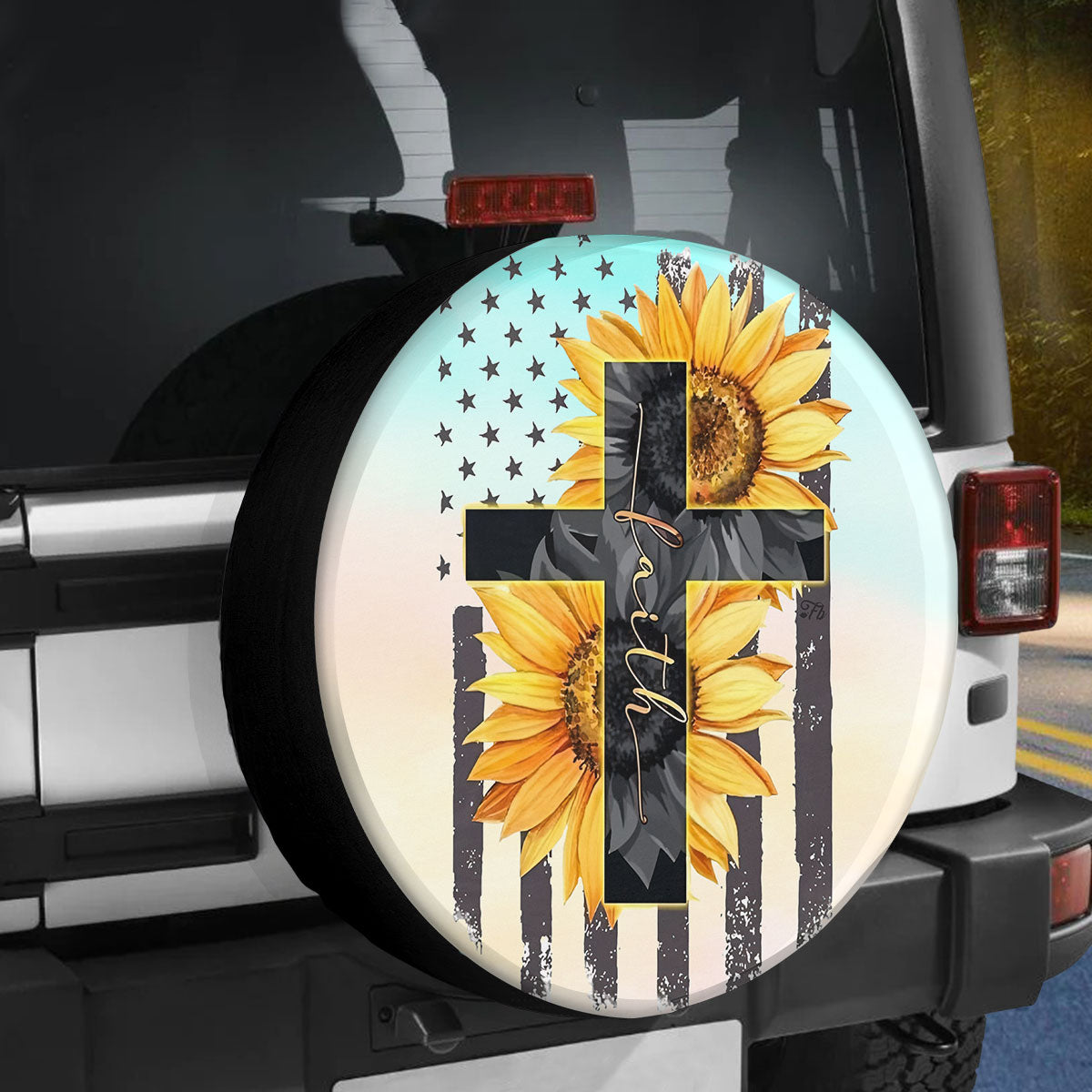 Petthouse | Sunflower Usa Flag God Faith Tire Protector Covers Christian Faith Believer Gifts Spare Tire Cover