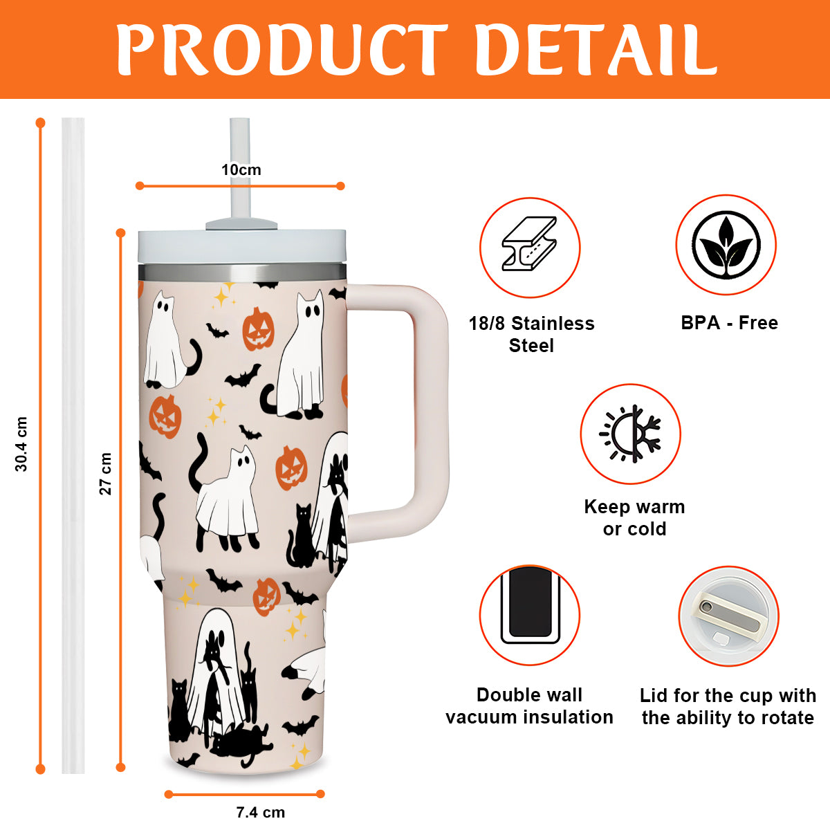 Petthouse | Сute Ghost Cat Halloween Tumbler 40oz, Ghost Cat, Spooky Black Cat Stainless Steel Cup