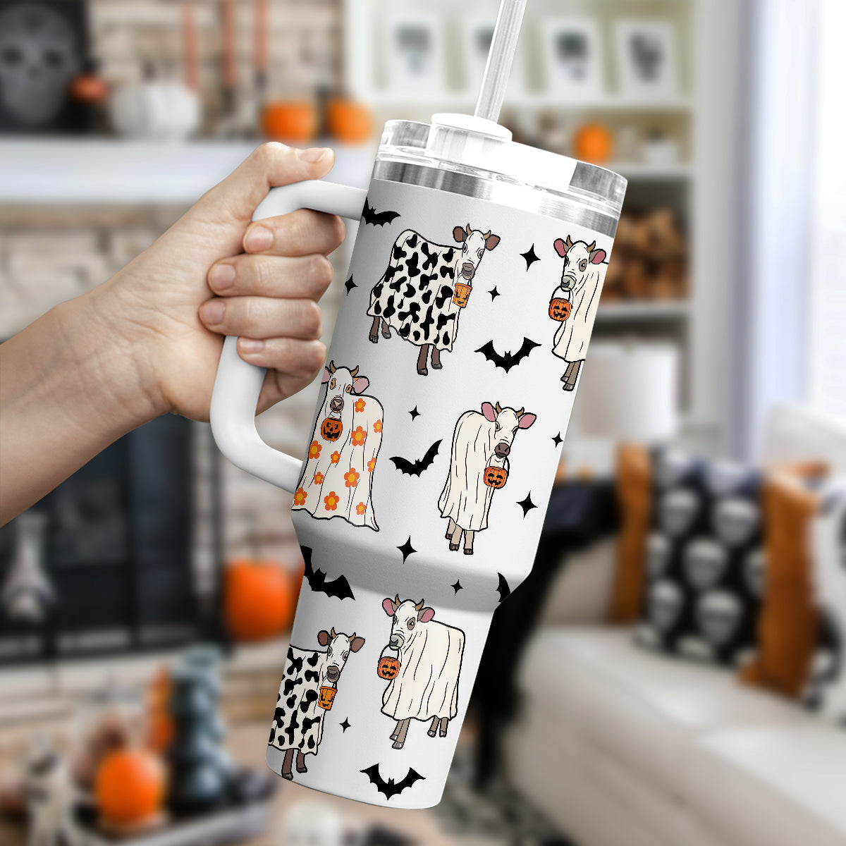 Petthouse | Halloween Cow Ghost 40oz Tumbler, Funny Ghost Cow Pumpkin Halloween Tumbler, Spooky Cow