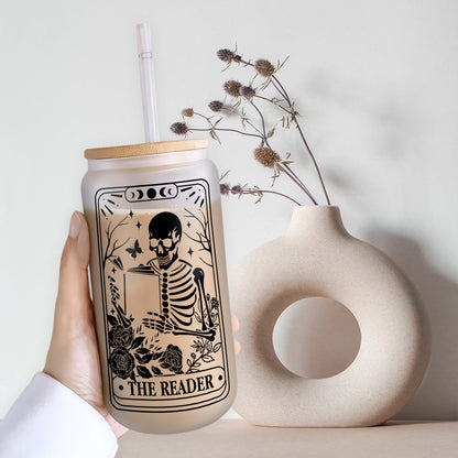 Petthouse | Skeleton Reading Glass Cup, The Reader Tarot Glass Can, Book Lover Gift, Tarot Lover Gift