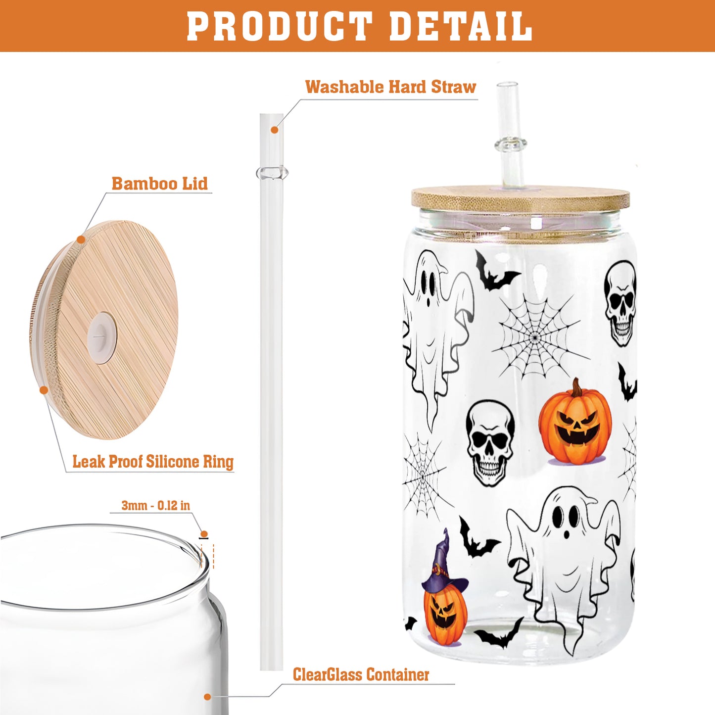 Petthouse | Ghost Halloween Glass Can, Skulls And Ghosts Glass Can, Spooky Season Pumpkin