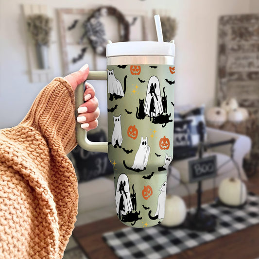 Petthouse | Сute Ghost Cat Halloween Tumbler 40oz, Ghost Cat, Spooky Black Cat Stainless Steel Cup