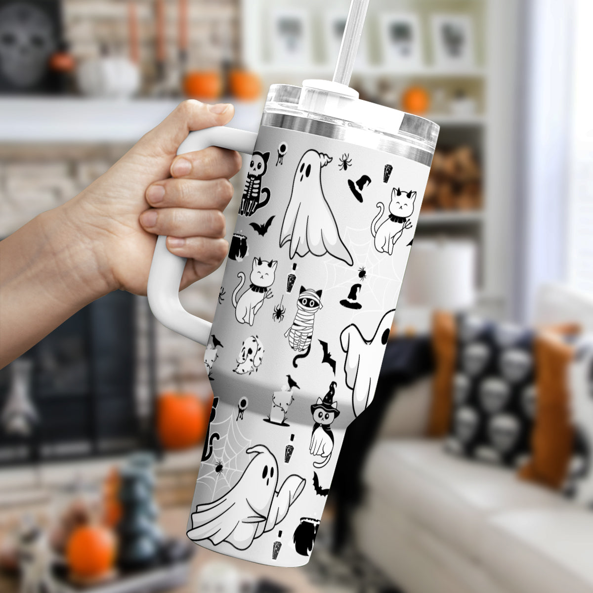 Petthouse | Halloween Ghost Doodles  40oz Tumbler, Spooky Black Stainless Steel Cup, Ghost Cute Spooky Season