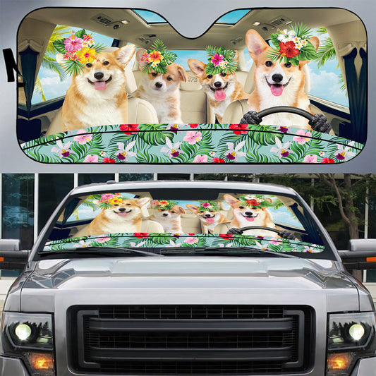 Petthouse | Corgi Car Sun Shade Windshield Corgi Family Driving Car Window Shade Front Dog Hello Summer