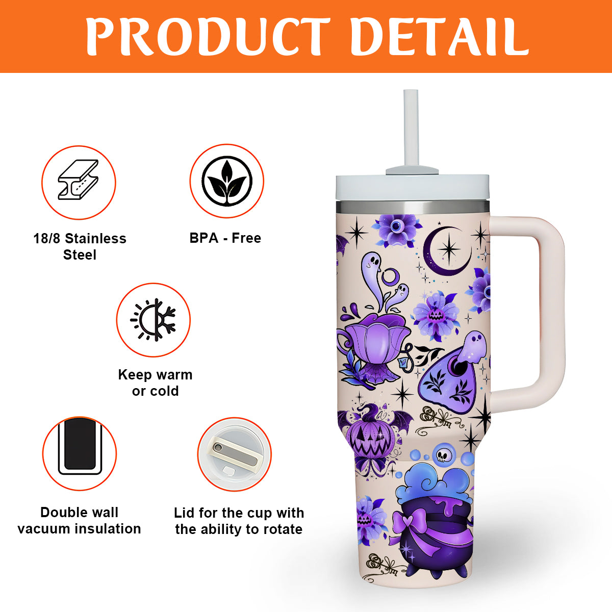 Petthouse | Magical Halloween 40oz Tumbler, Cute Spooky Tumbler Wraps, Retro Ghost Witch Halloween