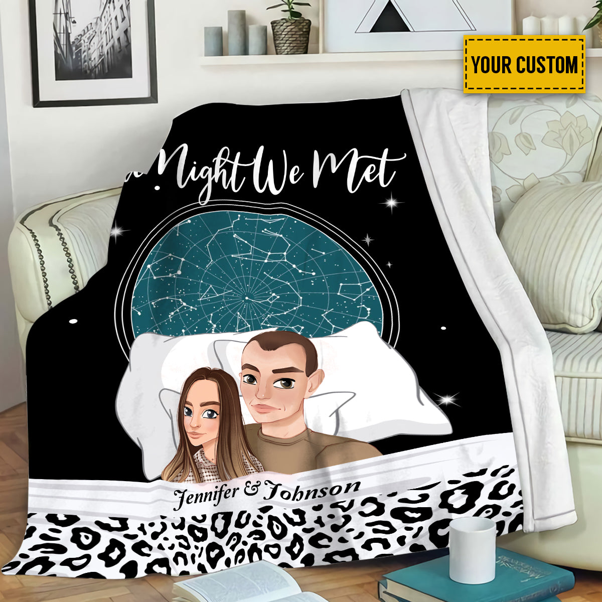 Petthouse | Personalized Star Map Fleece Blanket, Chibi Couple Soft Blanket, Romantic Valentines Day Sherpa Blanket