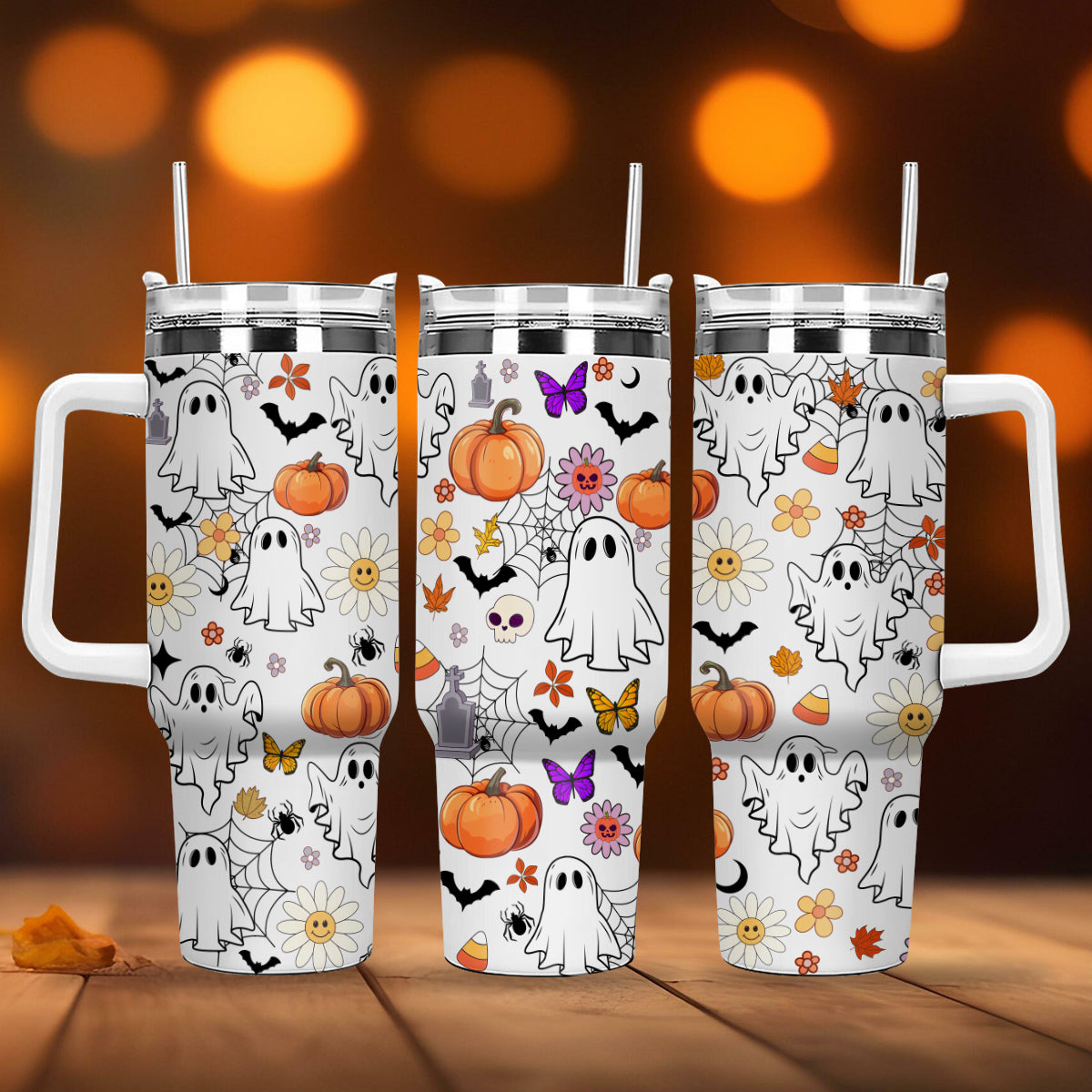 Petthouse | Retro Halloween Doodles 40oz Tumbler, Ghost Spooky Season, Haunted Ghost Pumpkin Spooky