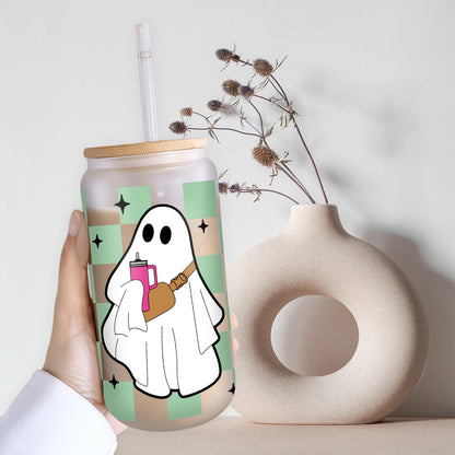 Petthouse | Ghost Halloween Glass Can, Spooky Vibes checkerboard Ghost Glass, Checkered Ghost Coffee