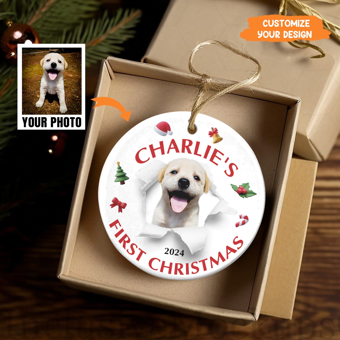 Petthouse | Personalize Dog Photo Ornament, Dog First Christmas, Dog Happy Anniversary, Custom Photo And Text