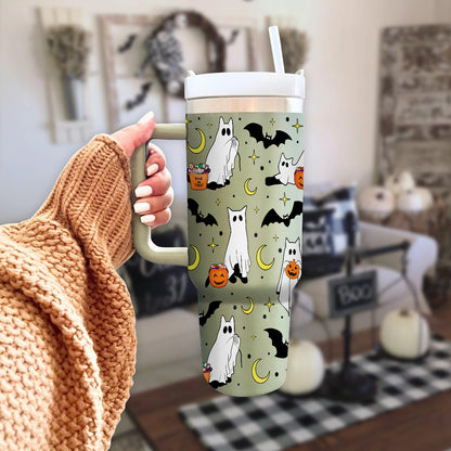 Petthouse | Сute Ghost Cat Tumbler 40oz, Halloween Ghost Cat Tumbler, Spooky Black Cat Stainless Steel Cup, Cat Lovers