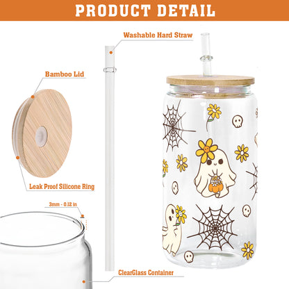 Petthouse | Halloween Ghost Cute Glass Can, Ghost Spooky Vibes Glass Can, Spooky Cute Glass Tumbler Cup Wrap