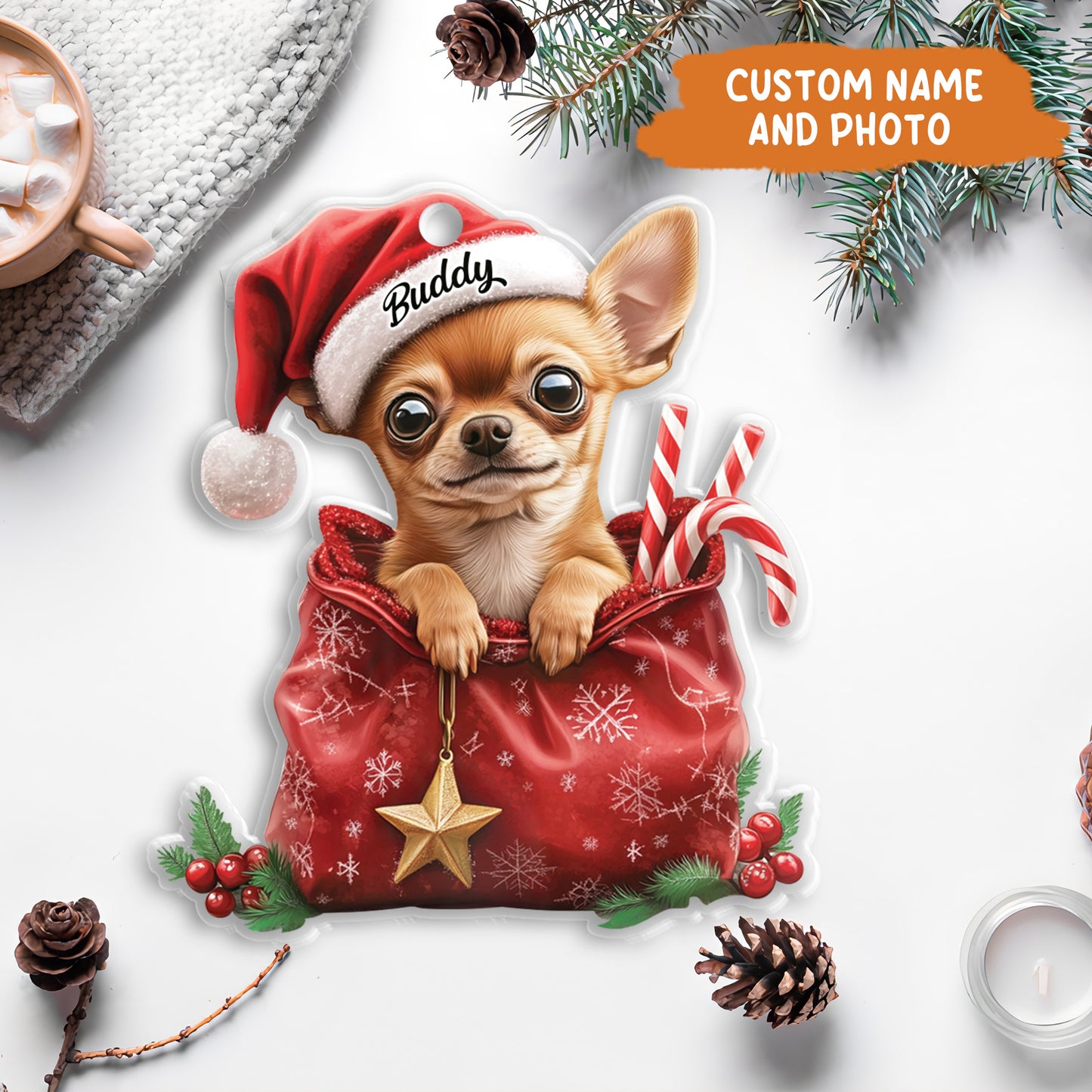 Petthouse | Custom Dog Christmas Ornament, Chihuahua Tree Ornament, Chihuahua Dog Xmas Decor