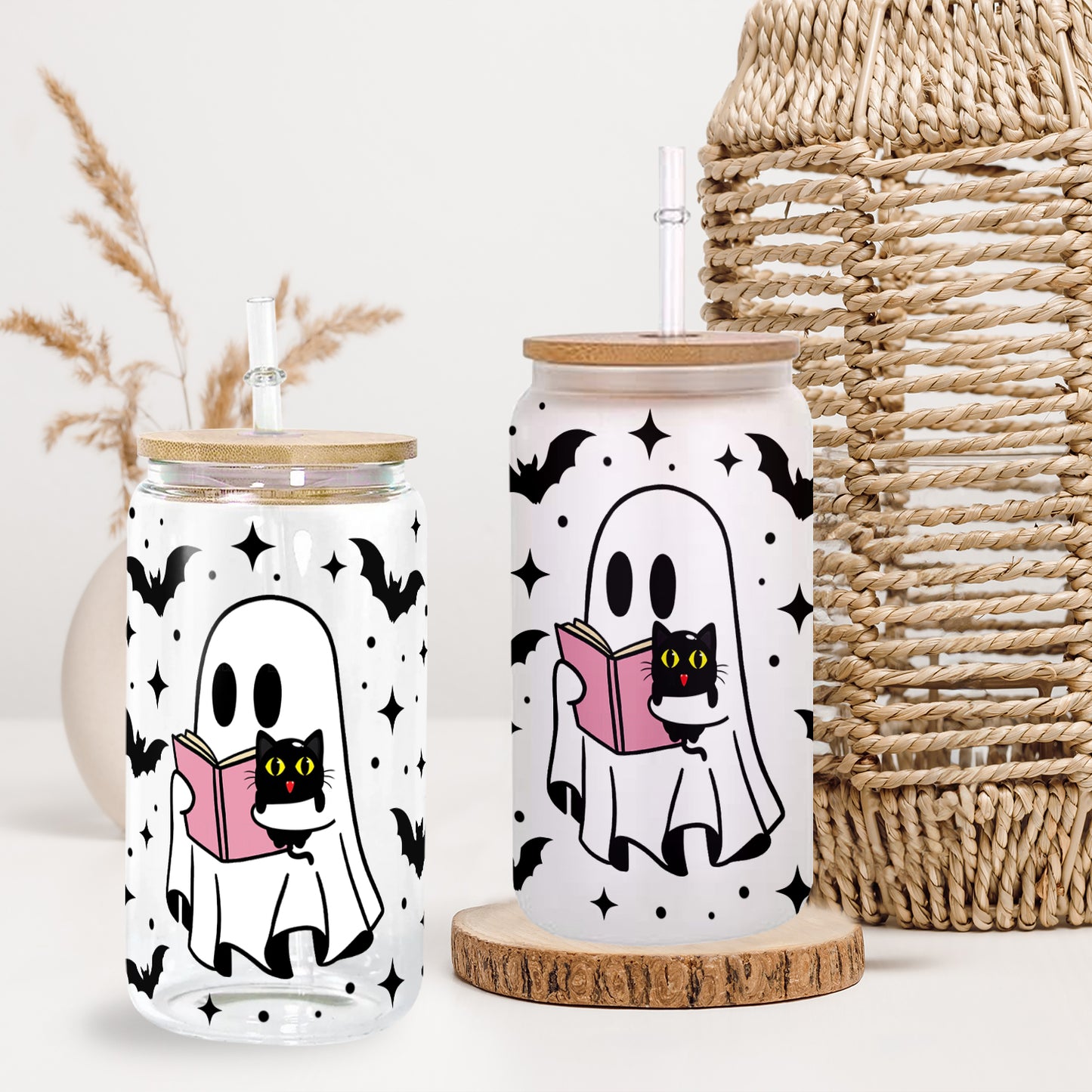 Petthouse | Cute Ghost Reading Book Glass Cup, Spooky Season, Black Cat Glass, Halloween Gift