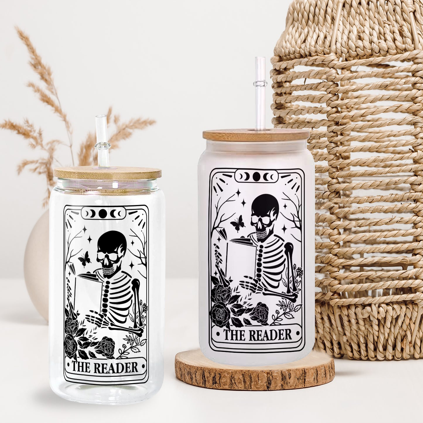 Petthouse | Skeleton Reading Glass Cup, The Reader Tarot Glass Can, Book Lover Gift, Tarot Lover Gift