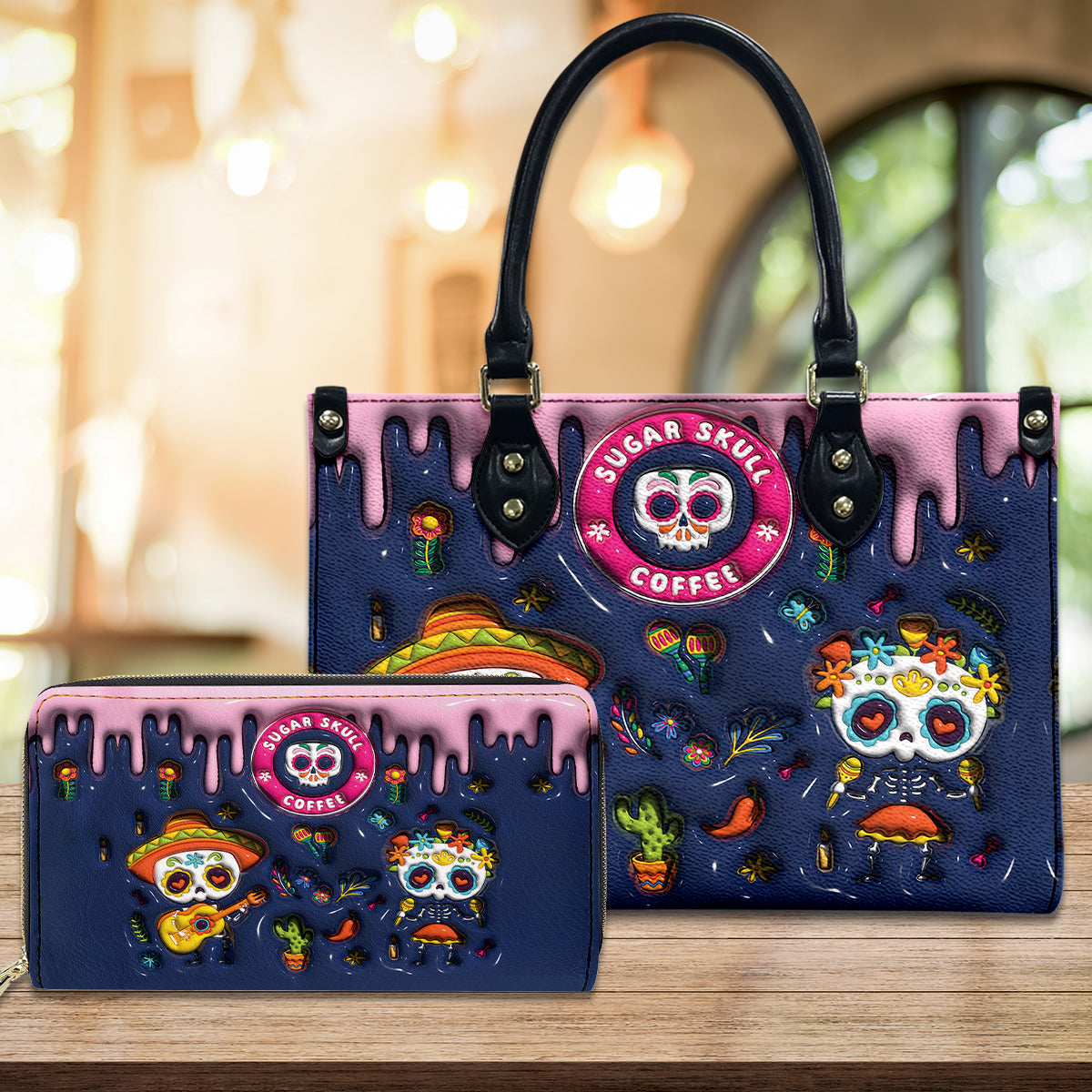 Petthouse | Colorful Sugar Skull Print 3d Effect Leather Handbag With Handle, Ghost Pumpkin Bags, Print 3d Halloween Bags