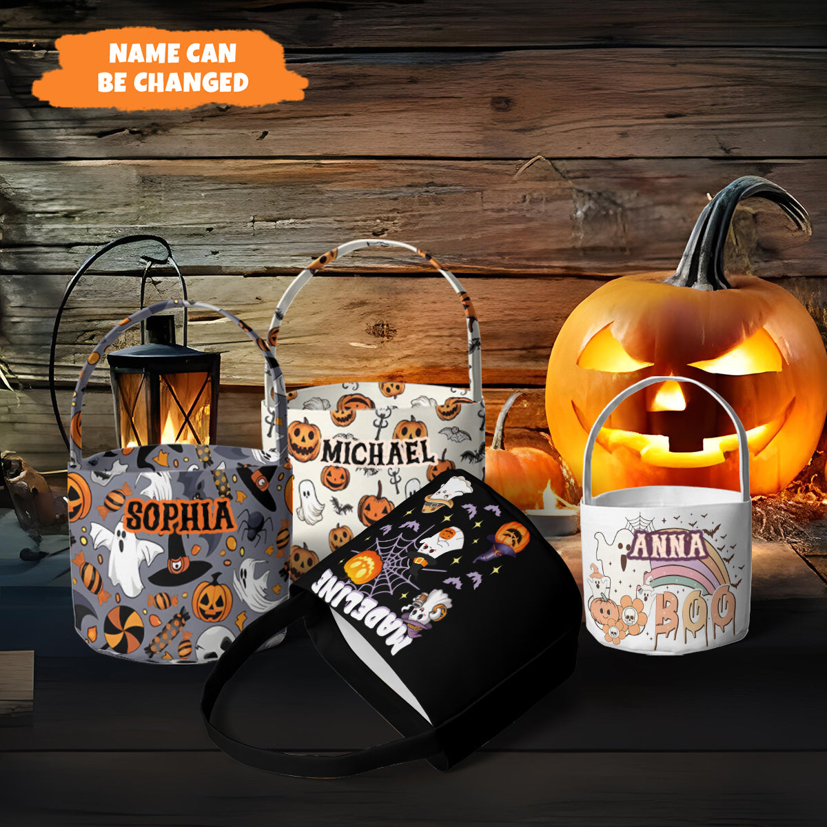 Petthouse | Custom Halloween Trick Or Treat Bag, Pumpkin And Ghost, Kids Name Trick-or-treat Candy Basket