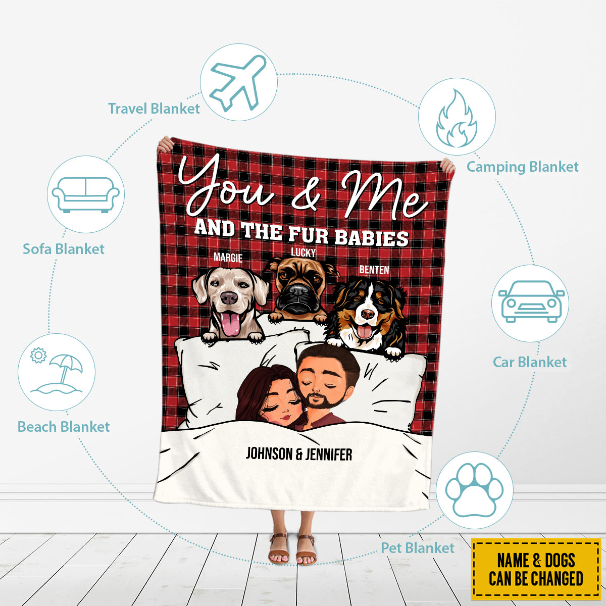 Petthouse | Customized Name Dog Valentine Blanket, You & Me And The Fur Babies Blanket, Custom Dog Throw Blanket