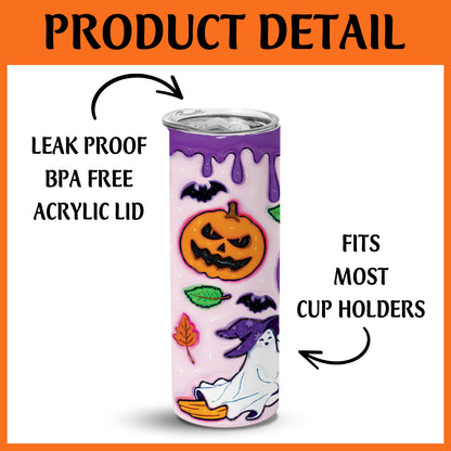 Petthouse | Ghost Spooky Vibes Purple Skinny Tumbler, Halloween Ghost 3d Inflated Effect Printed Tumbler