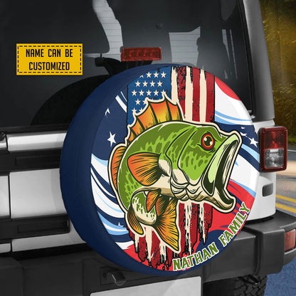 Petthouse | Customized Name Fishing Grunge Stylized American Flag Spare Tire Cover Fishing Car Accessory Car Decoration