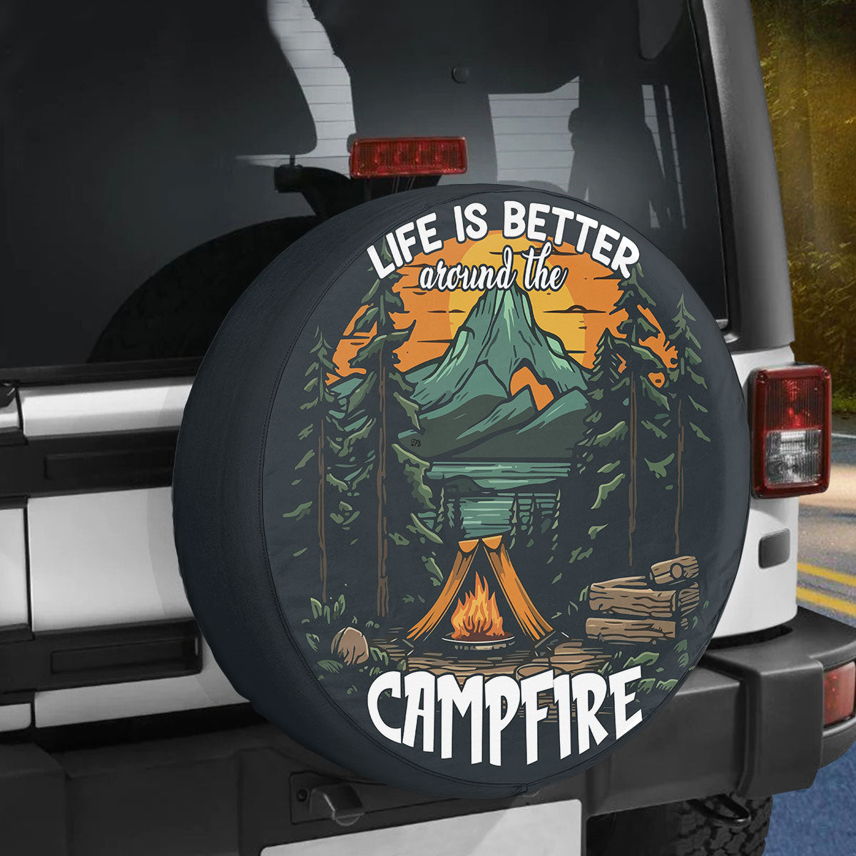 Petthouse | Mountain Camp Hiking Evergreen Pine Forest River Scene Spare Tire Cover Love Camping Tire Protector