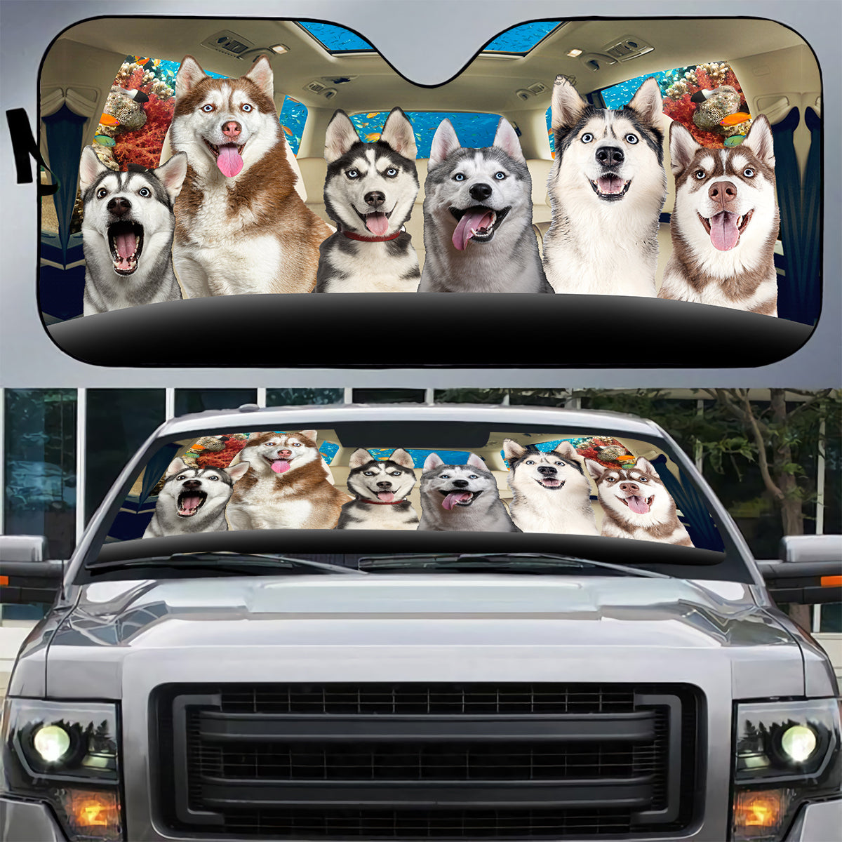 Petthouse | Husky Siberian Under The Sea Car Windshield Sun Shade Smiling Dog Car Window Sunshade Dog Lover