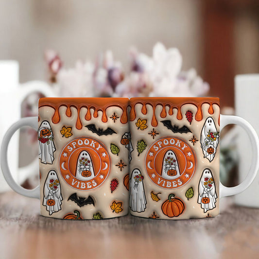 Petthouse | Ghost Spooky Vibes Ceramic Mug, 3d Inflated Halloween Ghosts Mug, Spooky Vibes Ghost