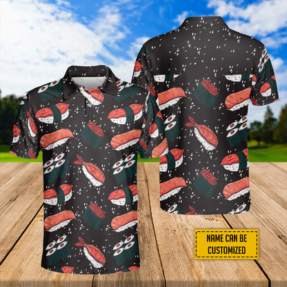 Petthouse | Customized Name Japanese Sushi Slices Seamless Pattern Polo Shirt Cartoon Sushi Sport Shirt Sushi Gift