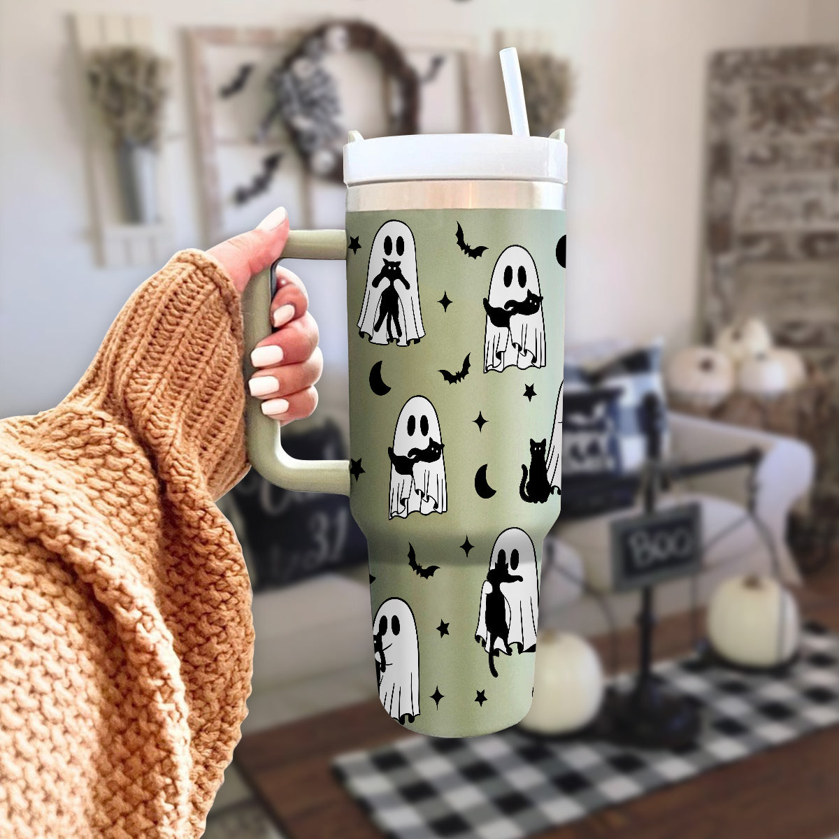 Petthouse | Cute Ghost Cat Halloween 40oz Tumbler,  Spooky Black Cat, Halloween Ghost Cat Mom Gift