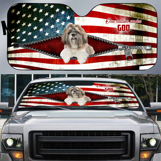 Petthouse | Dog Sunshade American Flag Windshield Cover Shih Tzu Dog One Nation Under God Car Sunshade