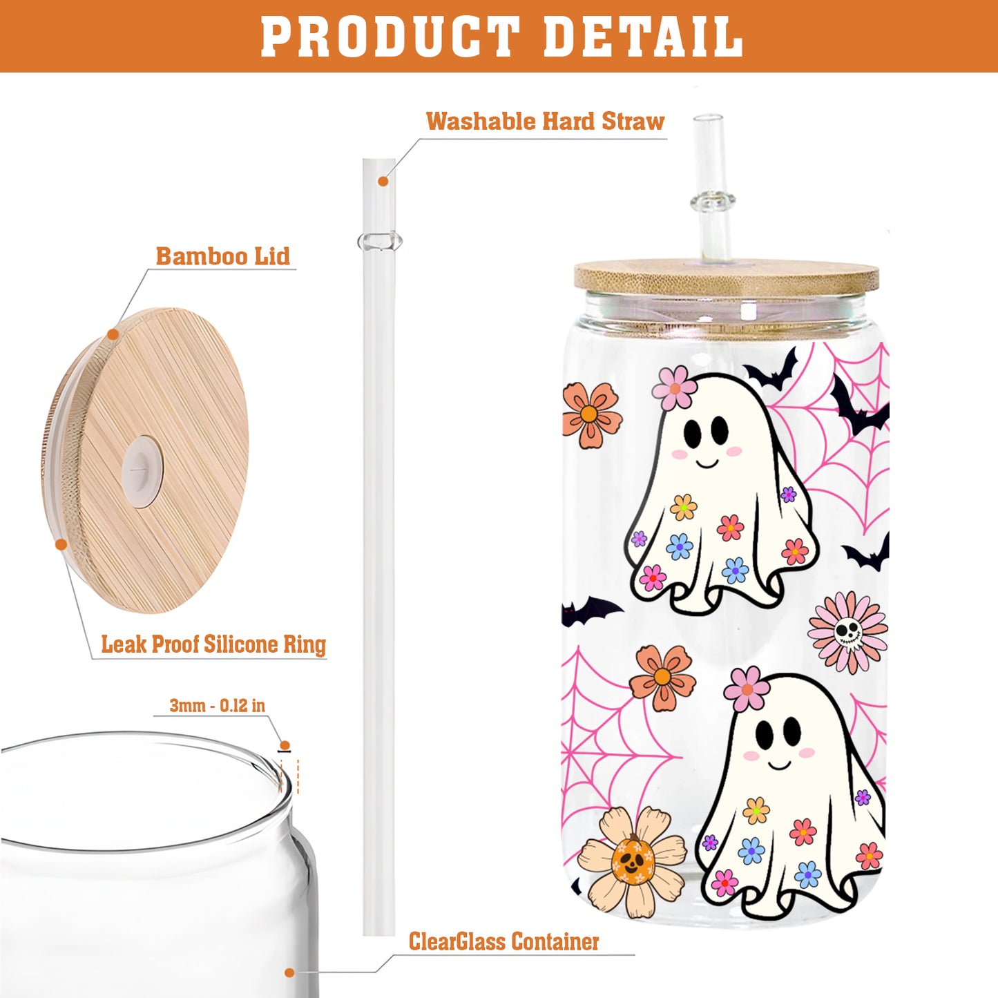 Petthouse | Spooky Ghost Glass Can, Cute Ghost Iced Coffee Glass, Flowers Halloween Glass, Fall Vibes