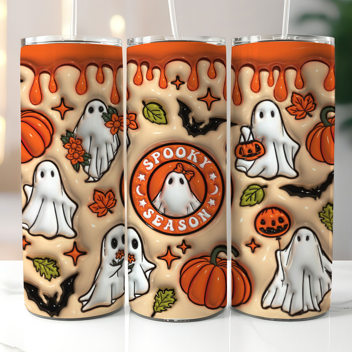 Petthouse | Halloween Ghost Spooky Vibes Inflated Skinny Tumbler, Halloween Ghost Spooky Vibes