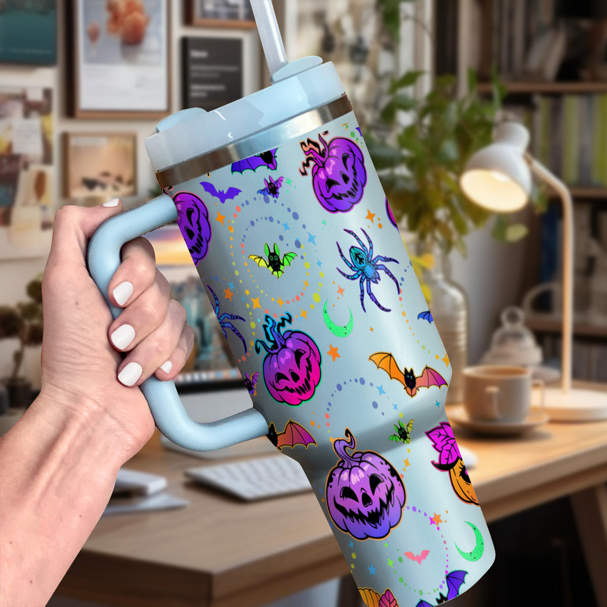 Petthouse | Bat And Pumpkin Halloween Tumbler 40oz, Spooky Tumbler, Mystic Hippie Tumbler, Cute Spooky