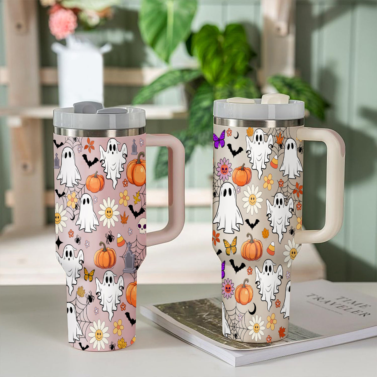 Petthouse | Retro Halloween Doodles 40oz Tumbler, Ghost Spooky Season, Haunted Ghost Pumpkin Spooky