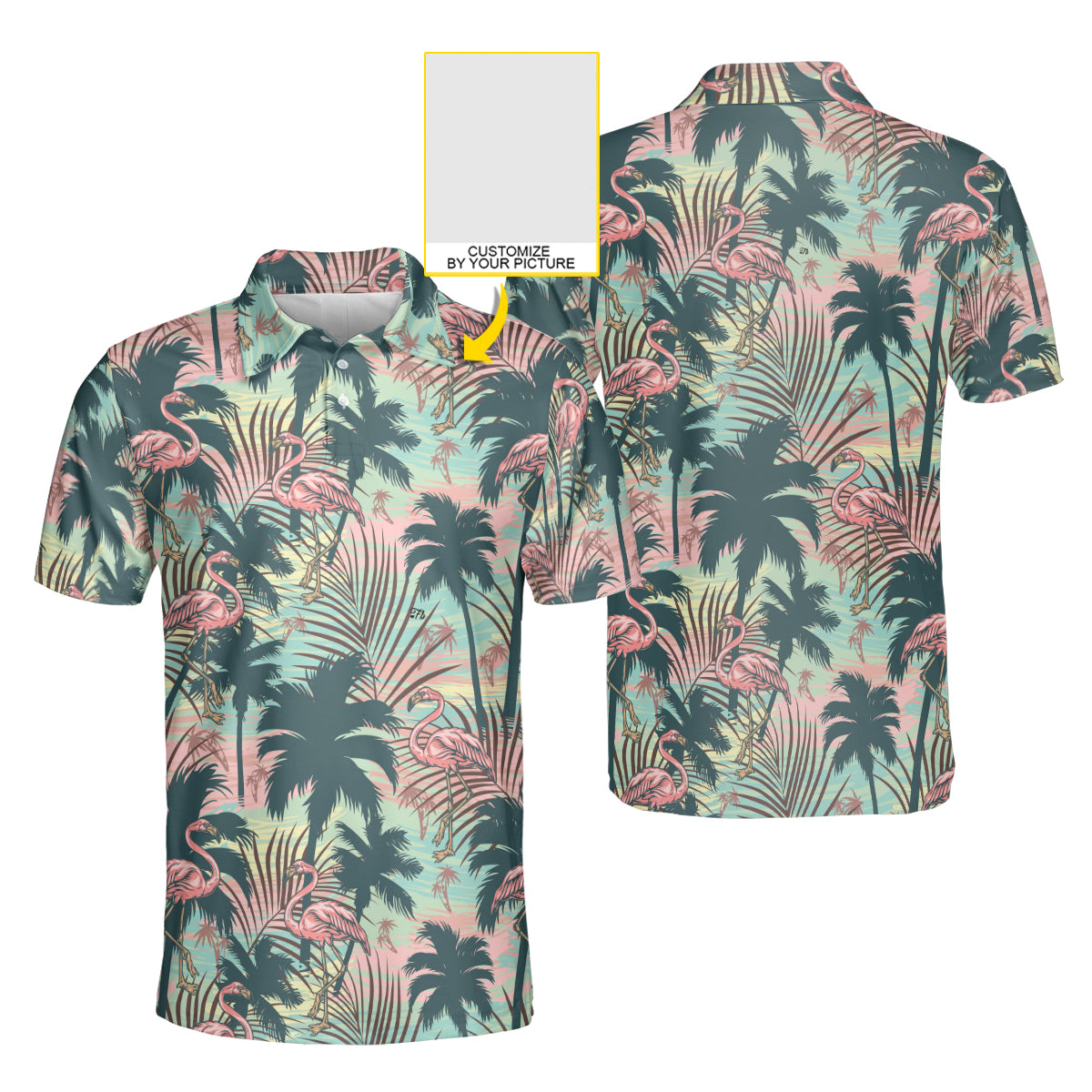 Petthouse | Customized Image Flamingo With Tropical Leaves And Plants Golf Polo Shirt Dad Gift