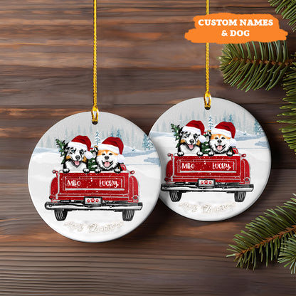 Petthouse | Custom Dog Xmas Ornament, Dogs On Red Truck, Dog Lover Gift, Christmas Decor, Christmas Tree