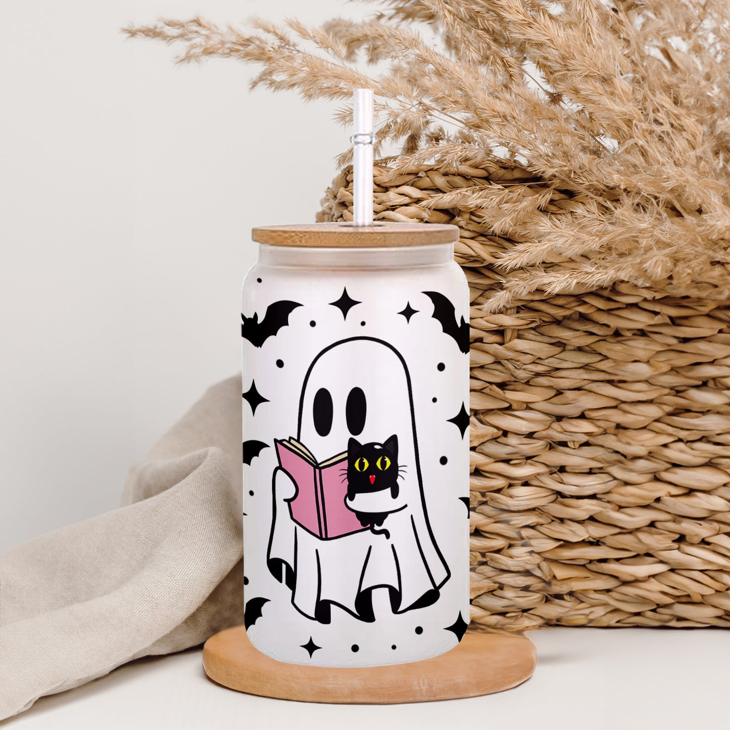 Petthouse | Cute Ghost Reading Book Glass Cup, Spooky Season, Black Cat Glass, Halloween Gift