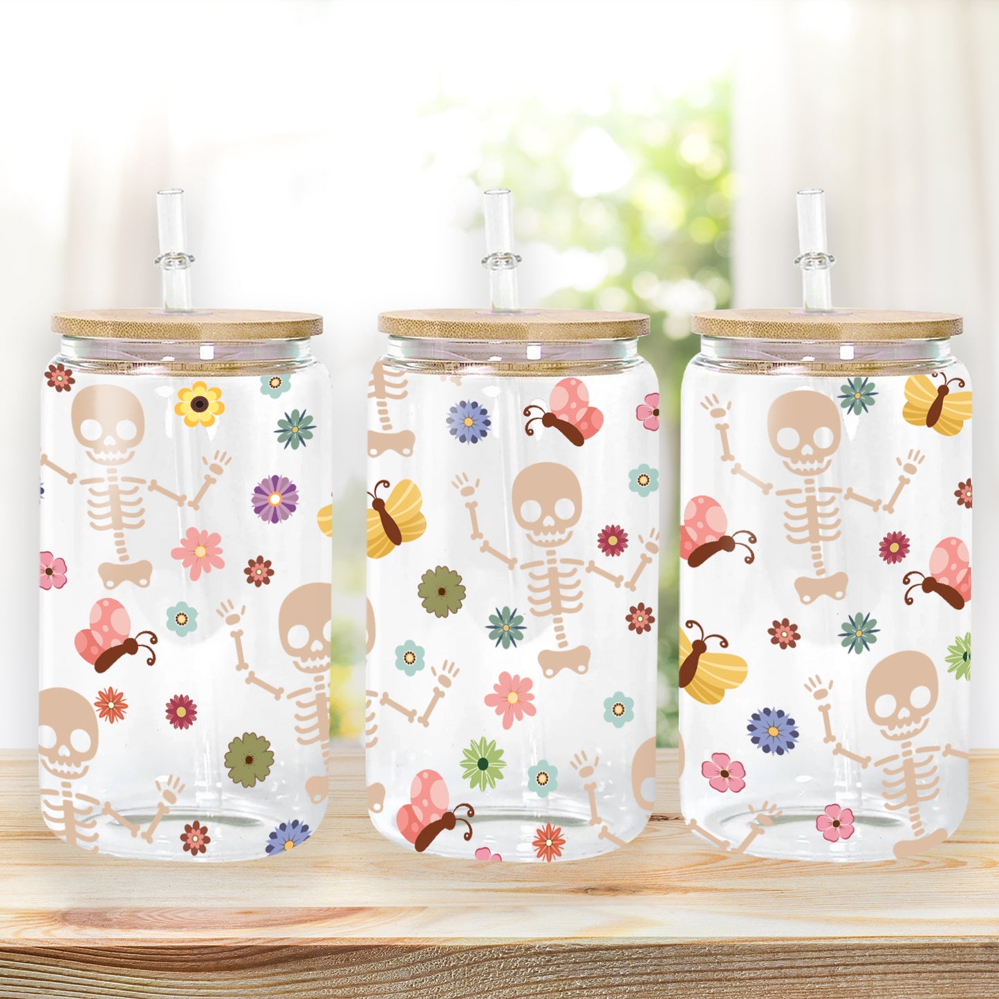 Petthouse | Skeleton Halloween Glass Can, Floral Skeleton Glass Can, Halloween Skeleton Coffee