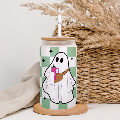 Petthouse | Ghost Halloween Glass Can, Spooky Vibes checkerboard Ghost Glass, Checkered Ghost Coffee