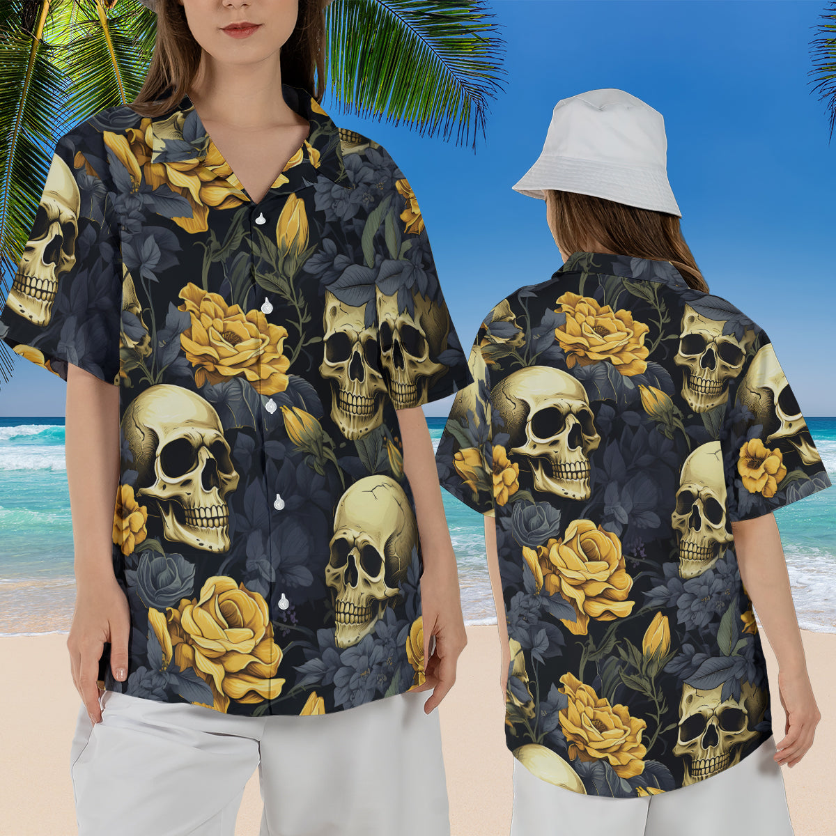 Petthouse | Skull Floral Hawaiian Shirt, Skull Summer, Skull Skeleton Tropical Floral For Beach Gift