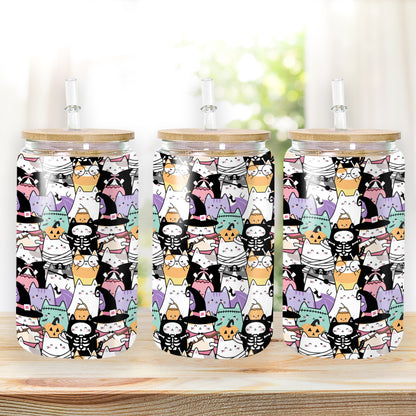 Petthouse | Halloween Cute Cats Glass Can Cup, Witch Cat Ice Coffee Mug, Halloween Gift, Spooky Season