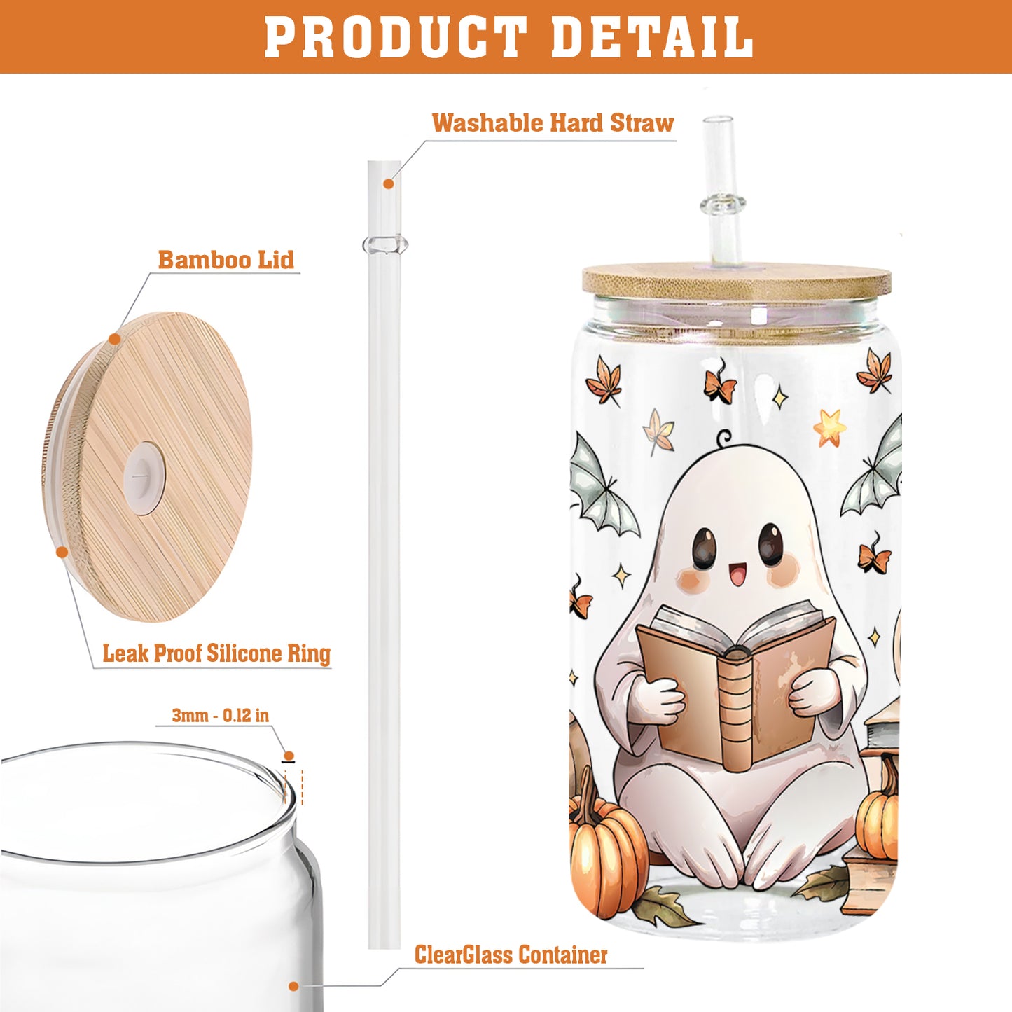 Petthouse | Bookish Ghost Glass Can, Ghost Halloween Glass, Ghost Cute Book Iced Coffee Cup, Cute Reader