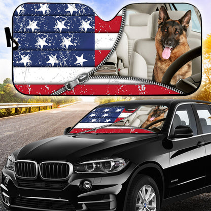 Petthouse | German Shepherd American Flag Windshield Sun Shade Patriotic Window Shade For Independence Day