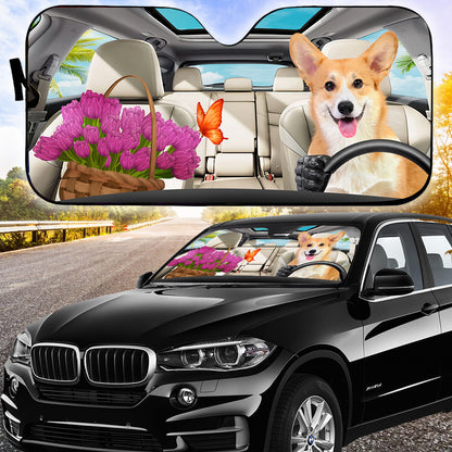 Petthouse | Corgi Dog Sunshade Windshield Sun Shade Dog And Flower Sun Visor For Car Windshield