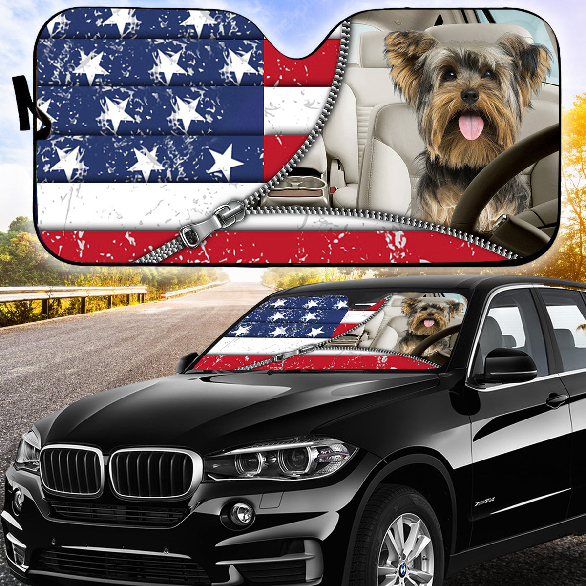 Petthouse | Yorkshire Terrier American Flag Sun Shade American Patriot Windshield Sun Shade Windshield Cover